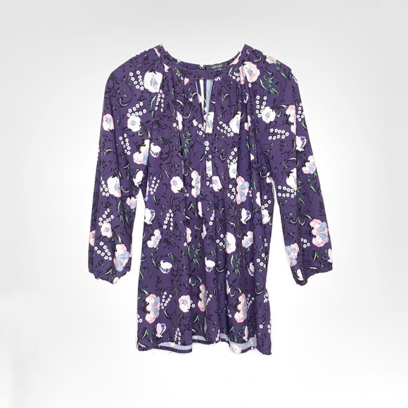eShakti Floral Keyhole Blouse Top Size XL 16 Purple Crepe Unlined Pullover Boho - Picture 3 of 14
